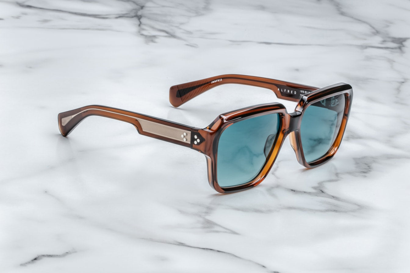 Side view of Alfred Hickory glasses highlighting sculpted acetate temples and exposed wire core with Art Deco lines, at WINK Optometrists Australia