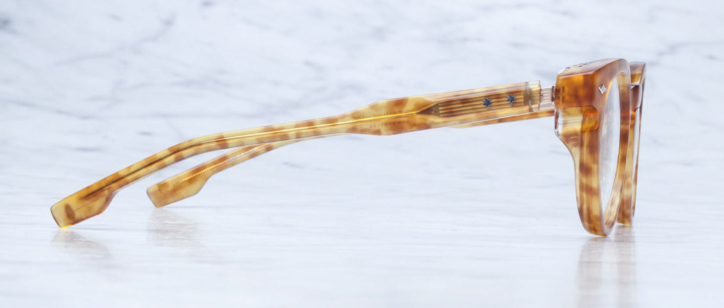 Side angle of Arp Camel eyewear revealing smooth acetate texture and premium Japanese craftsmanship