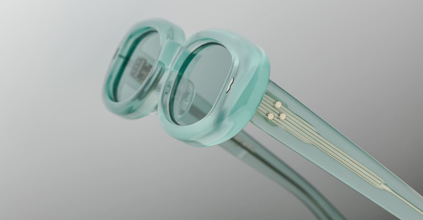 Side close-up of Jacques Marie Mage Besset Piscine temple showcasing custom double‑laminated acetate, exposed silver wirecore with hairline engraving, and precision-engineered silver tension-secured 7‑barrel hinge.