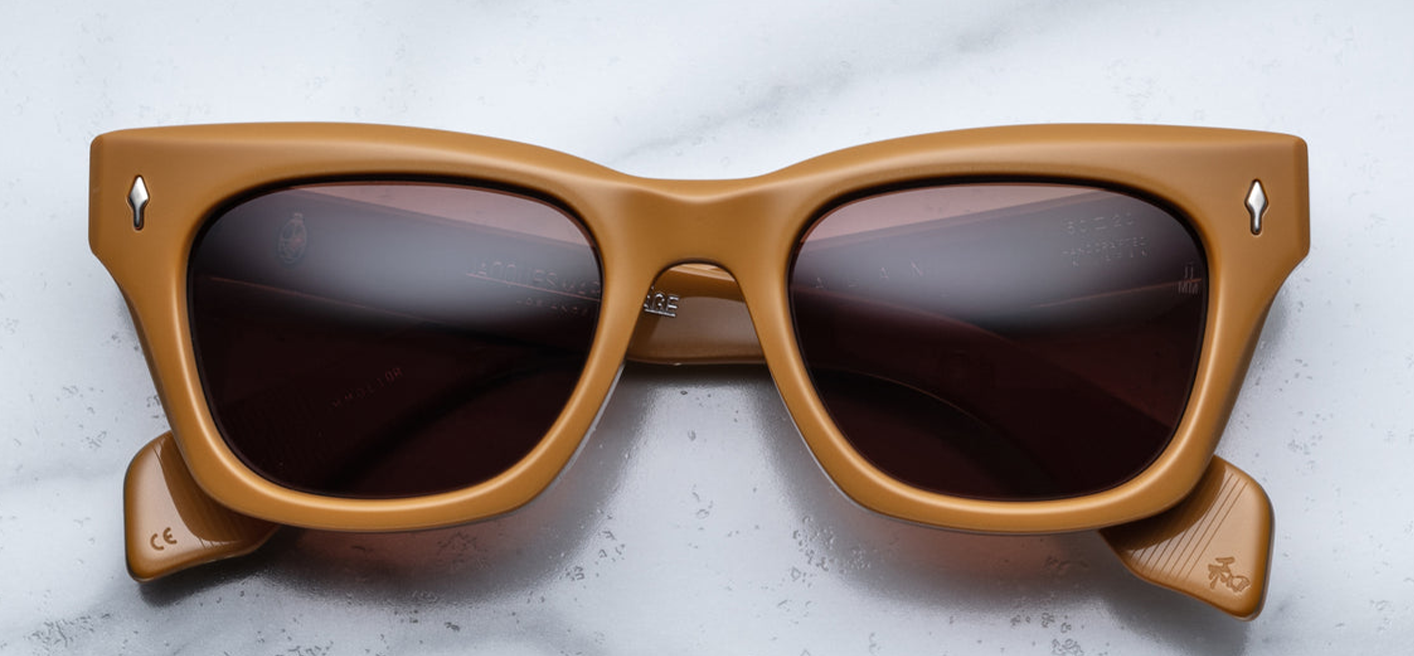 Jacques Marie Mage Dealan in Sienne. A tribute to Bob Dylan's one pair of iconic, black, cat-eyed spectacles., 60s-inspired square acetate with exposed silver wire-core temples