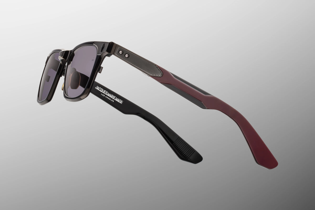 Engraved titanium temples and custom arrowhead pins on Japanese crafted Jacques Marie Mage Dealan Ti.