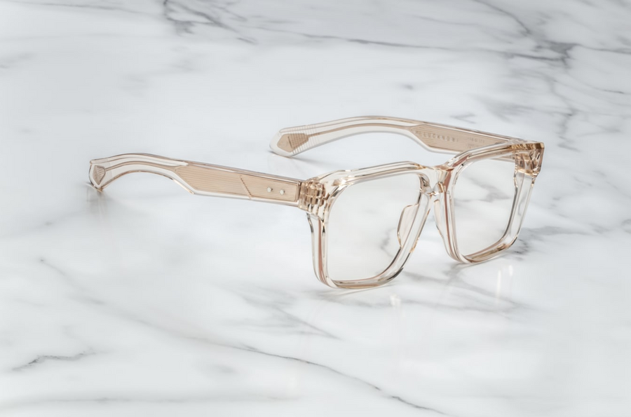 Jacques Marie Mage Lucknow Pearl glasses. The double-laminated temples discreetly house exposed light-gold wire-core detailing and connect via tension-secured 5-barrel hinges. Handcrafted in Japan as part of a limited-edition run of 250 pieces