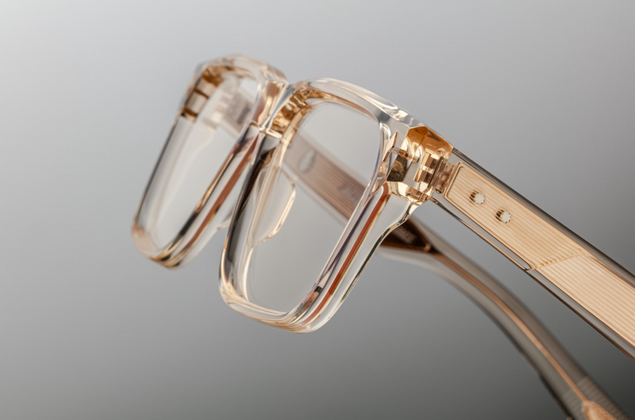 Detailed view of Jacques Marie Mage Lucknow Pearl glasses in translucent crystal-acetate. The temples reveal an embedded light-gold Art Deco wire core with precise engraving, secured by sterling silver arrowhead pins and tension secured 5-barrel hinges. The temple tip ends in a polished metal logo.