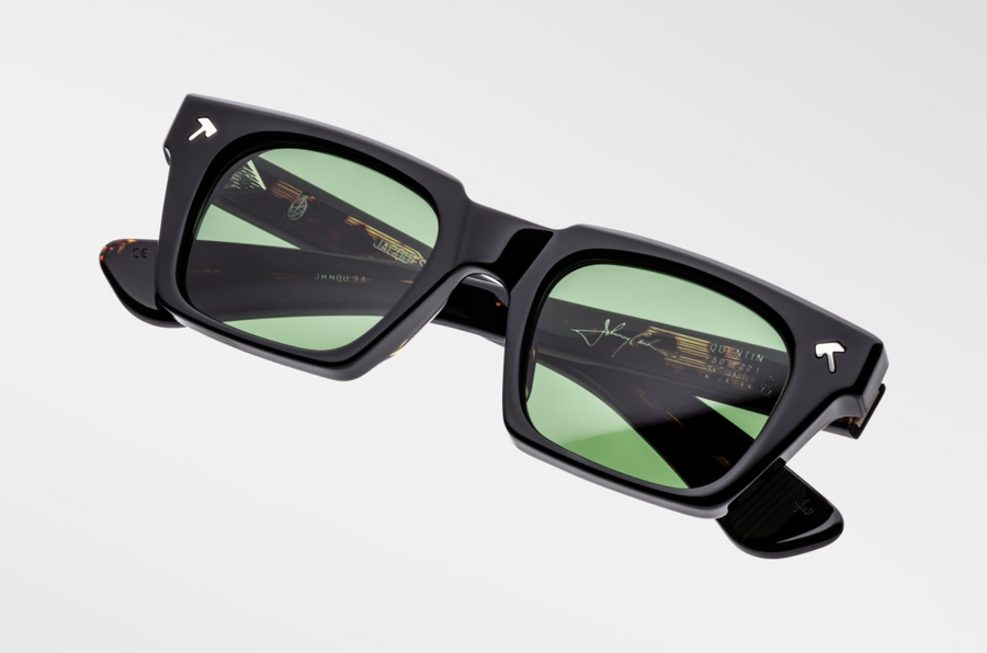 Bottom-up view of Jacques Marie Mage Johnny Cash II Quentin sunglasses in Noir 9: emphasizes the thickness of the acetate frame and the distinctive shape of the lenses. The polished silver wirecore is visible along the inner edge of the temples.