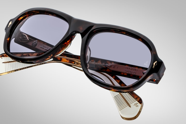 Top-down view of Jacques Marie Mage Richard sunglasses in Beau: reveals the smooth, tactile exterior of the acetate frame and the curvature of the lenses. The double-bridge design is visible, showcasing the frame's structure.