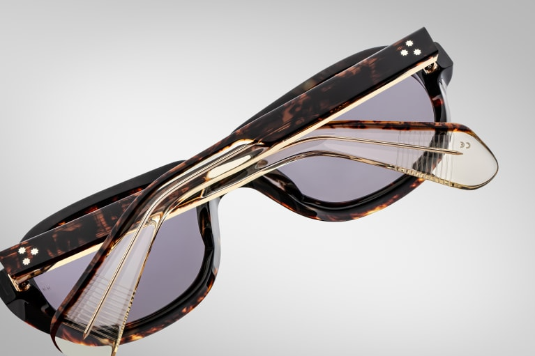 Bottom-up view of Jacques Marie Mage Richard sunglasses in Beau: emphasizes the thickness of the acetate frame and the distinctive shape of the lenses. The sterling silver wirecore is visible along the inner edge of the temples.