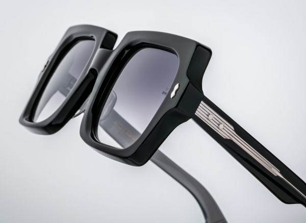 Side view of Jacques Marie Mage Velvet Underground Squeeze sunglasses in Noir, showing the sculpted temple design and subtle silver detailing