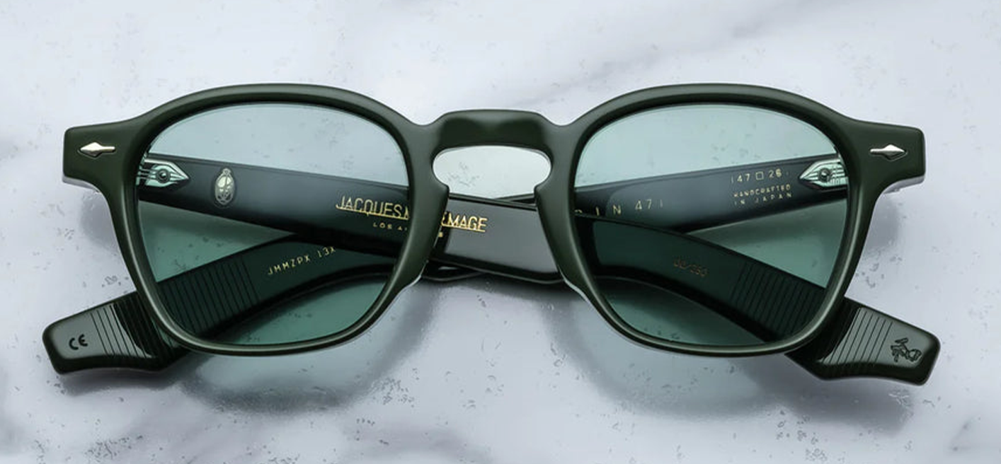 Front view of JMM Zephirin Evergreen sunglasses: square 47mm 10mm deep cured cellulose acetate frame in rich evergreen green, keyhole bridge, Grove CR39 green lenses with full UV400 protection