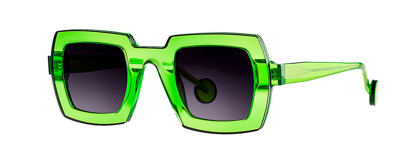 Theo eyewear model Henri in green, featuring a unique geometric frame design with a bold, modern aesthetic.