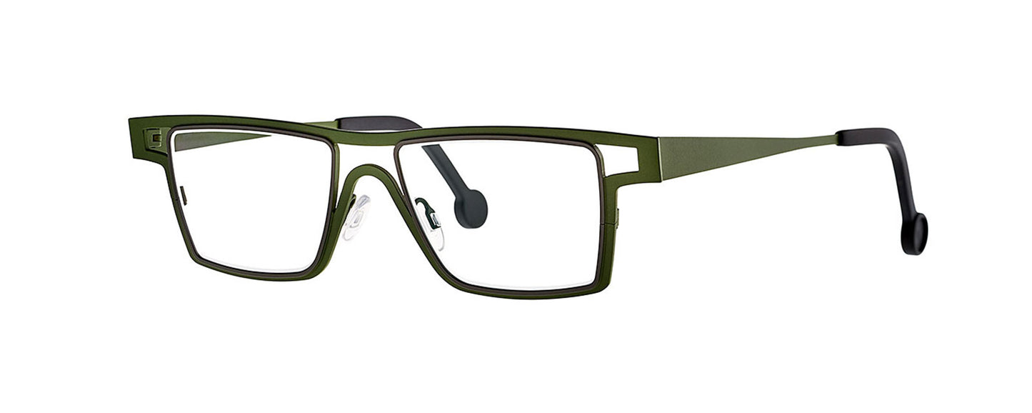 Theo Lemon Curd eyewear in Olive & Green color, featuring a unique, modern design with a bold frame and distinctive shape, suitable for fashion-forward individuals seeking stylish and vibrant glasses.