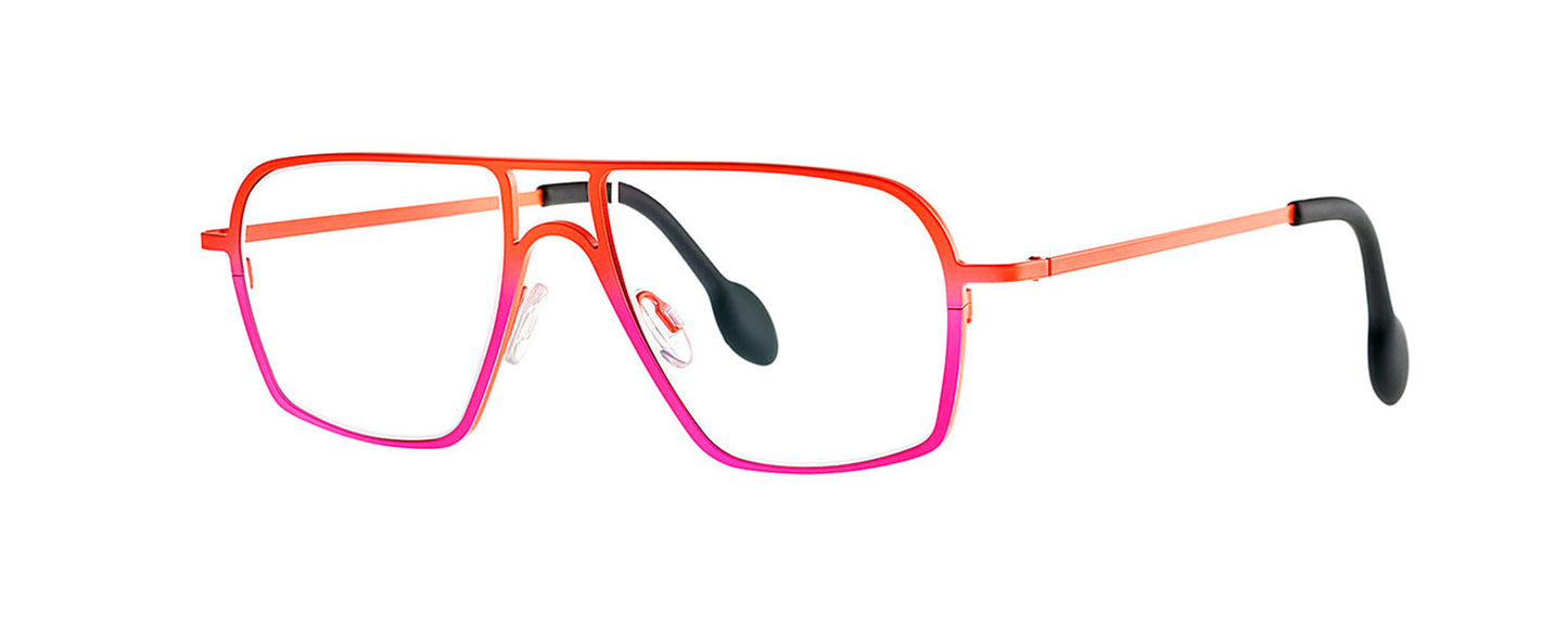 Theo Palatino eyewear in pink and orange, featuring a unique and bold design with a geometric frame shape, showcasing a vibrant color combination suitable for fashion-forward individuals.
