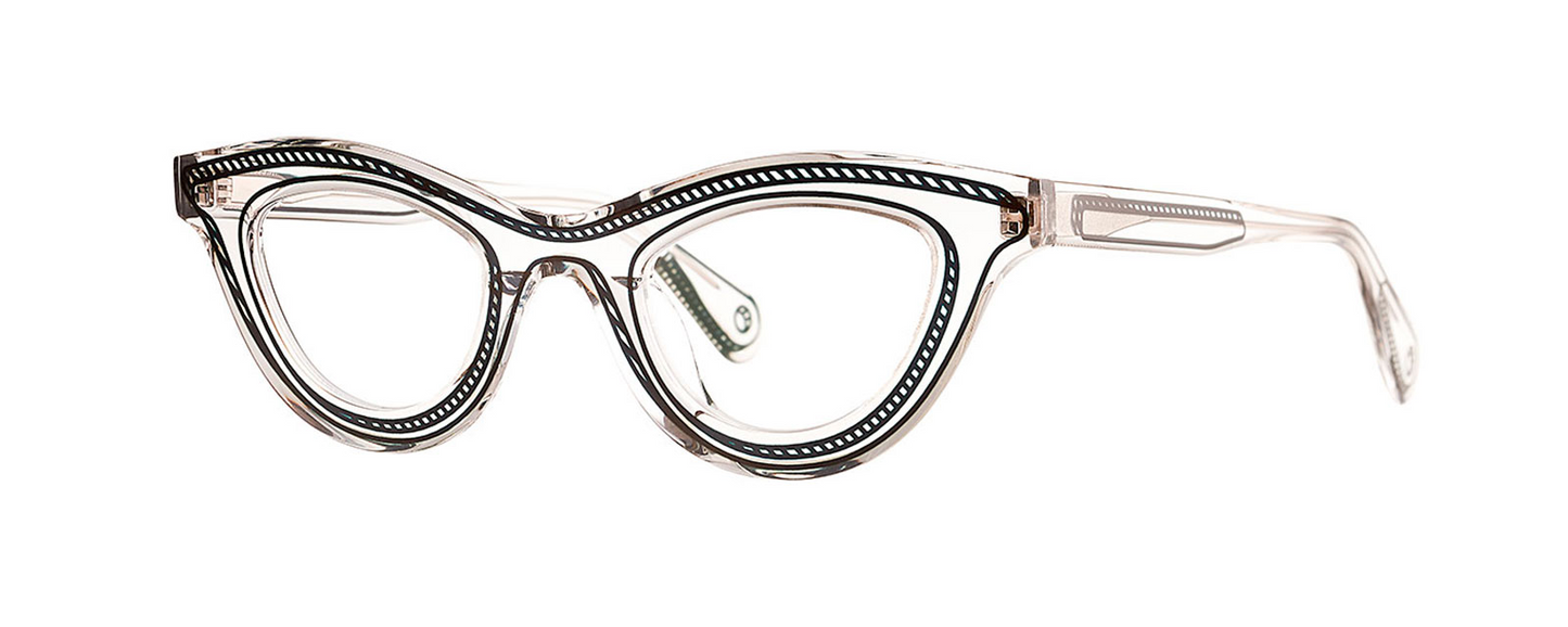 THEO YK IN YL | 002 TRANSPARENT CRYSTAL WITH BLACK PATTERN COLOUR IN THE THEO BOURBON WAY EYEWITNESS FAMILY AVAILABLE AT WINK OPTOMETRISTS MELBOURNE AUSTRALIA. THEO LOVES YOU
