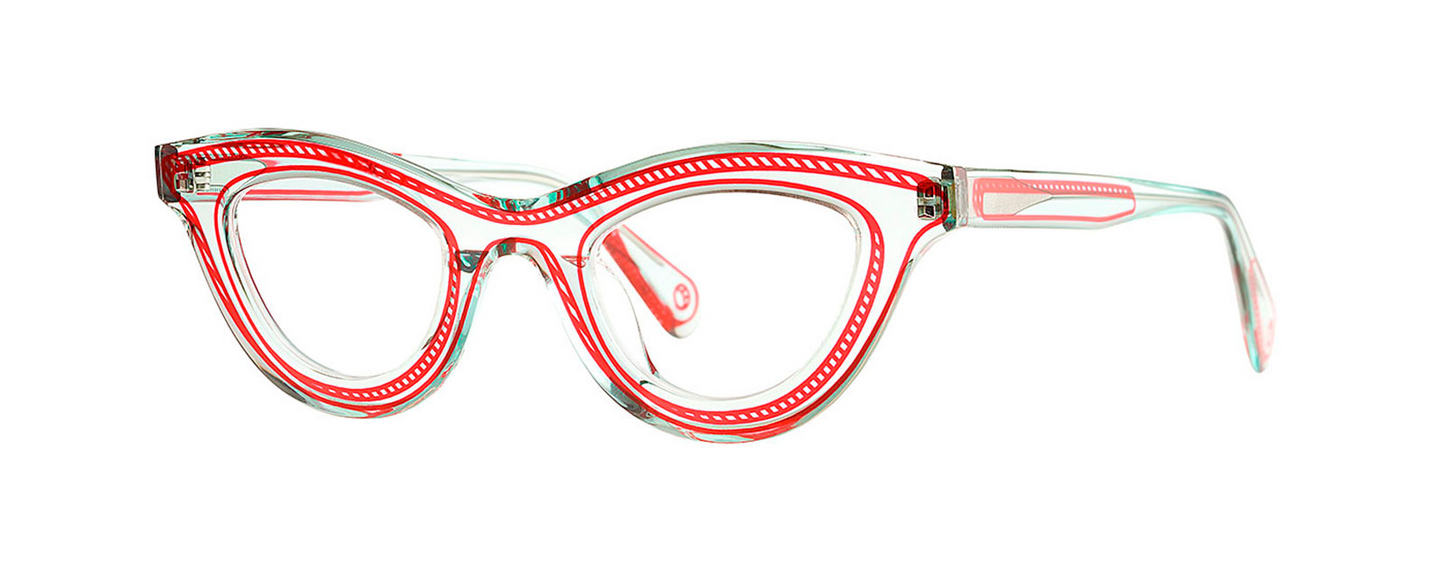 THEO YK IN YL | 005 TRANSPARENT GREEN / RED COLOUR IN THE THEO BOURBON WAY EYEWITNESS FAMILY AVAILABLE AT WINK OPTOMETRISTS MELBOURNE AUSTRALIA. THEO LOVES YOU