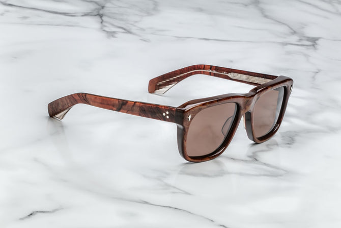 An Icon of JMM, these are classic rectangular glasses with soft angles and notable volumes. Brown 10mm cured cellulose acetate frame with custom double laminated acetate temples and brown lenses. Limited edition of 400 pieces. Handcrafted in Japan.&nbsp;Size 56/19.