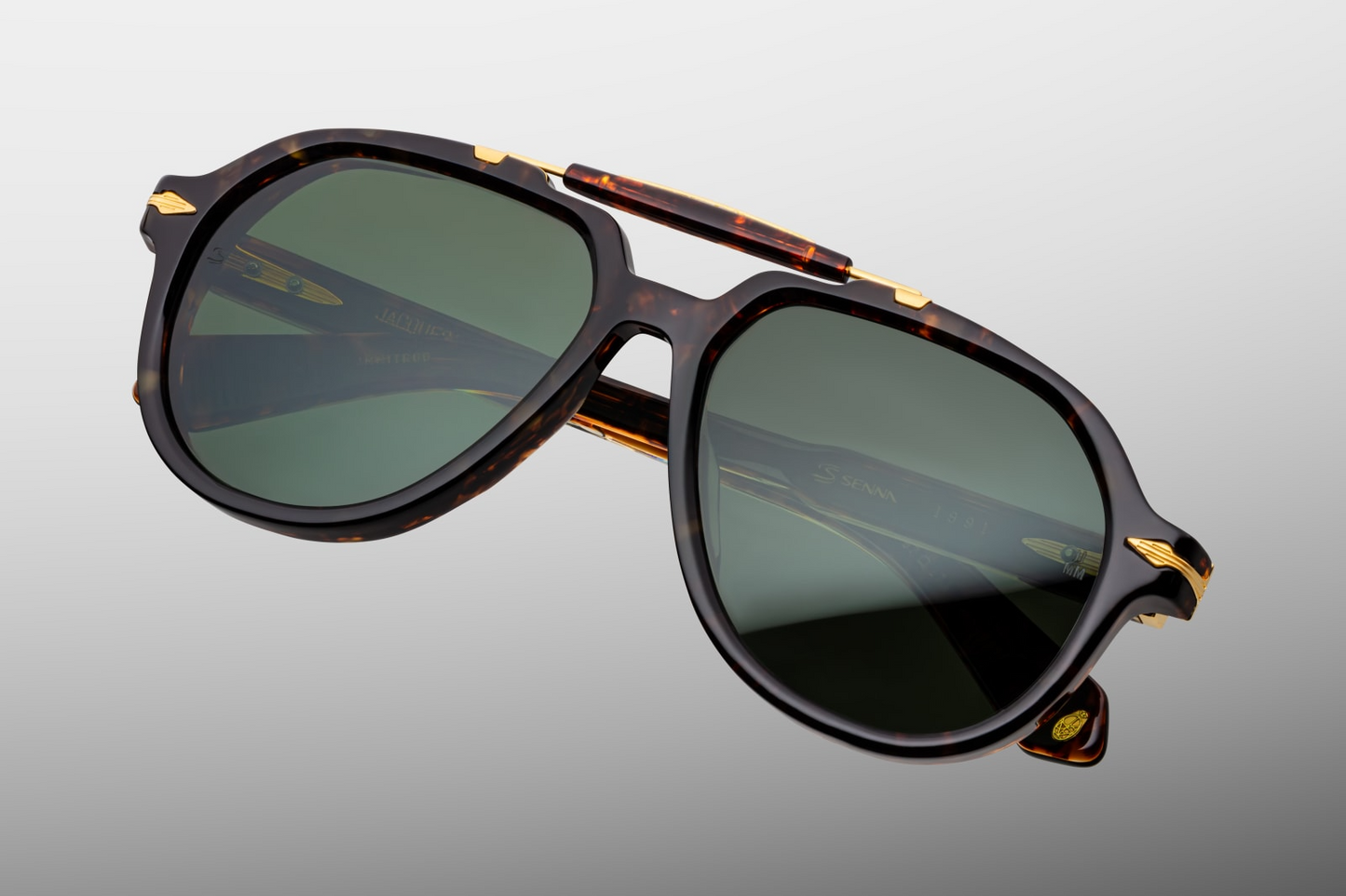Top-down view of Jacques Marie Mage Ayrton Senna 1991 Agar aviator glasses highlighting handcrafted Japanese acetate construction, smooth bridge line and detailed finish on Agar tortoise-brown frame