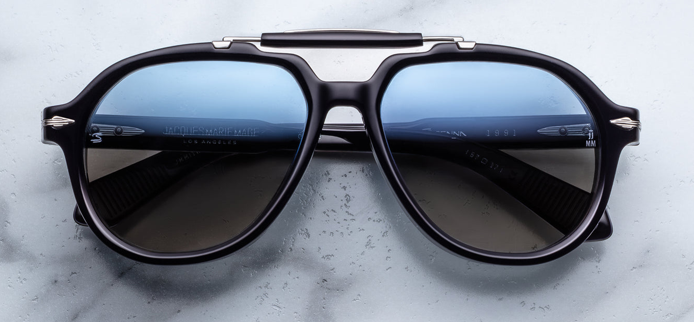 Front view of Jacques Marie Mage Ayrton Senna 1991 Regal sunglasses showing polished black acetate aviator-frame with slim double-bridge and brown mineral lenses