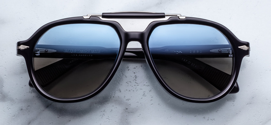 Front view of Jacques Marie Mage Ayrton Senna 1991 Regal sunglasses showing polished black acetate aviator-frame with slim double-bridge and brown mineral lenses