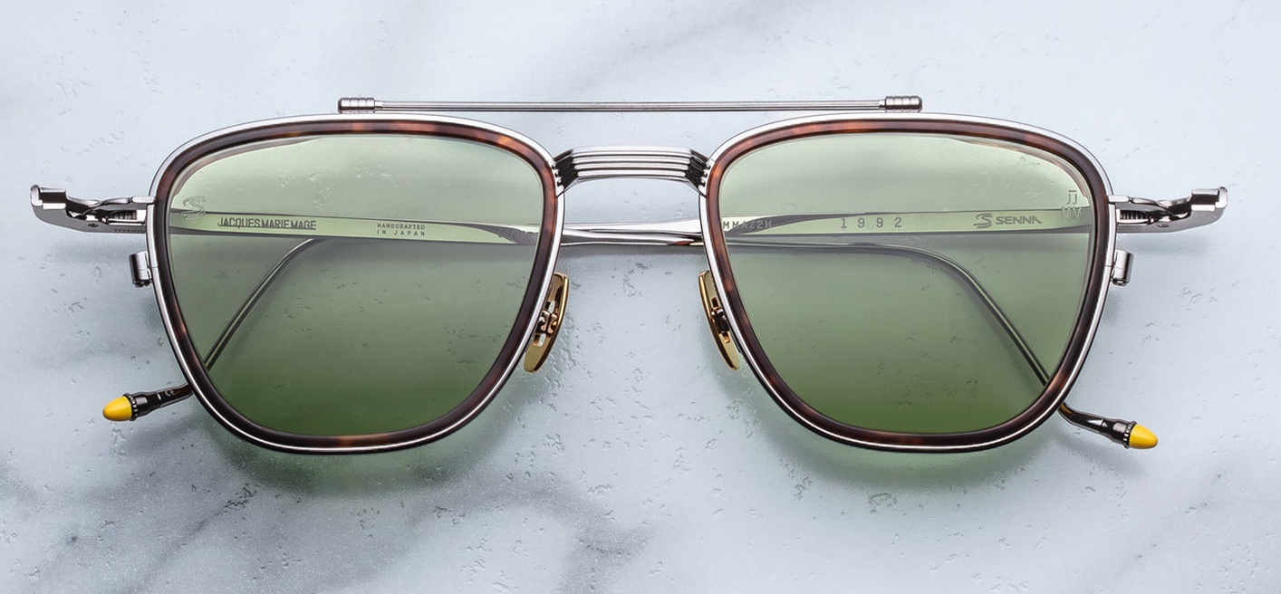 Front view of Jacques Marie Mage 1992 Antique Silver sunglasses showing matte silver-beta-titanium pilot frame with sculptural top‐bar and acetate lens-rim inserts, available at WINK Optometrists