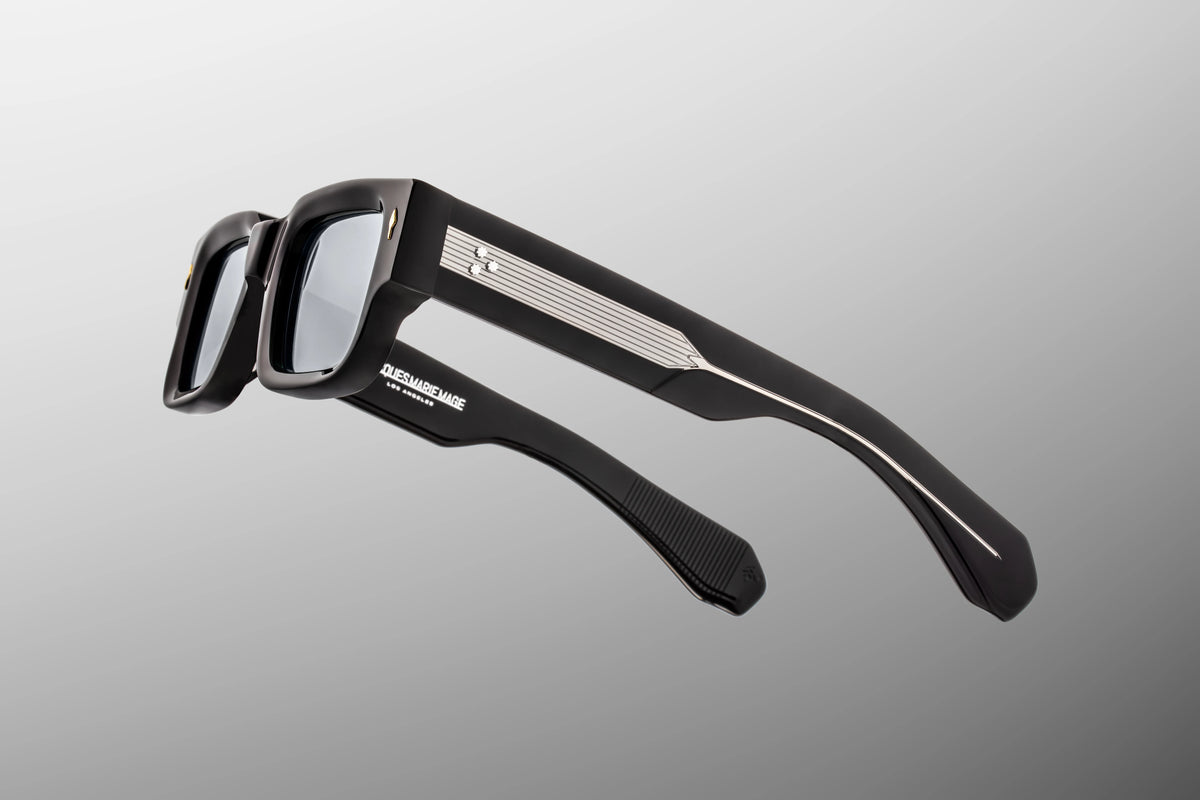 Detailed look at silver palladium classic exposed wirecore on JMM Ascari Black Mirror temple arms.