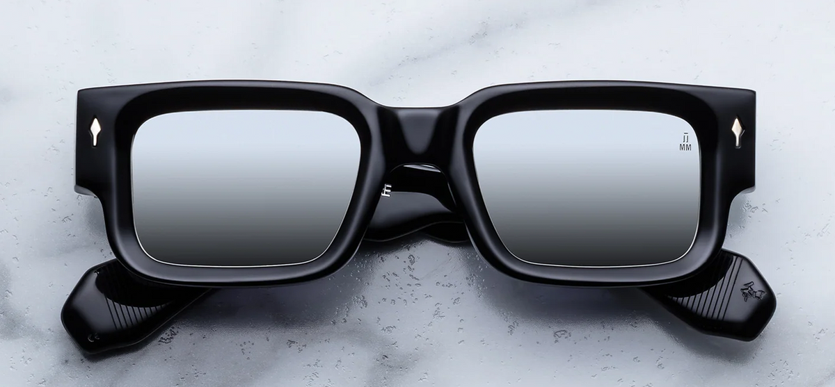 Jacques Marie Mage Ascari Black Mirror sunglasses with bold black acetate frame and charcoal mirror lenses front view.