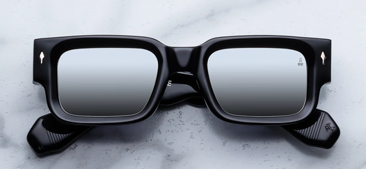 Jacques Marie Mage Ascari Black Mirror sunglasses with bold black acetate frame and charcoal mirror lenses front view.