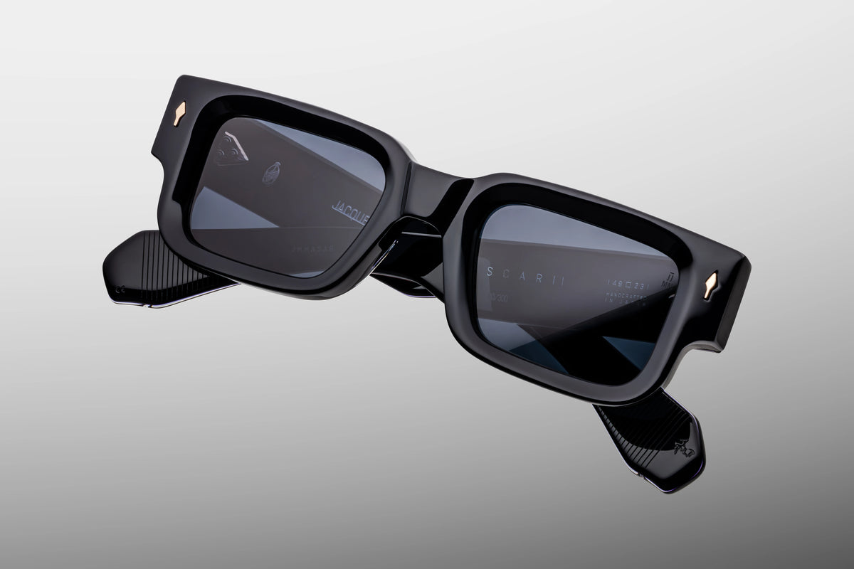 Macro detail of the 10mm thick frame and beveled eye rims on JMM Ascari Lacquer sunglasses.