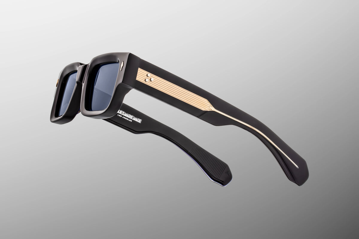 Detailed view of silver arrowhead pins and engraved wirecore on JMM Ascari Lacquer temples.