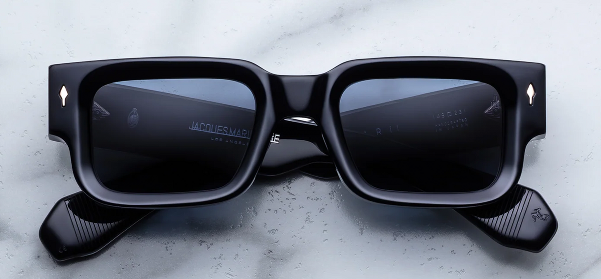 Jacques Marie Mage Ascari Lacquer dark blue acetate rectangular sunglasses front view.