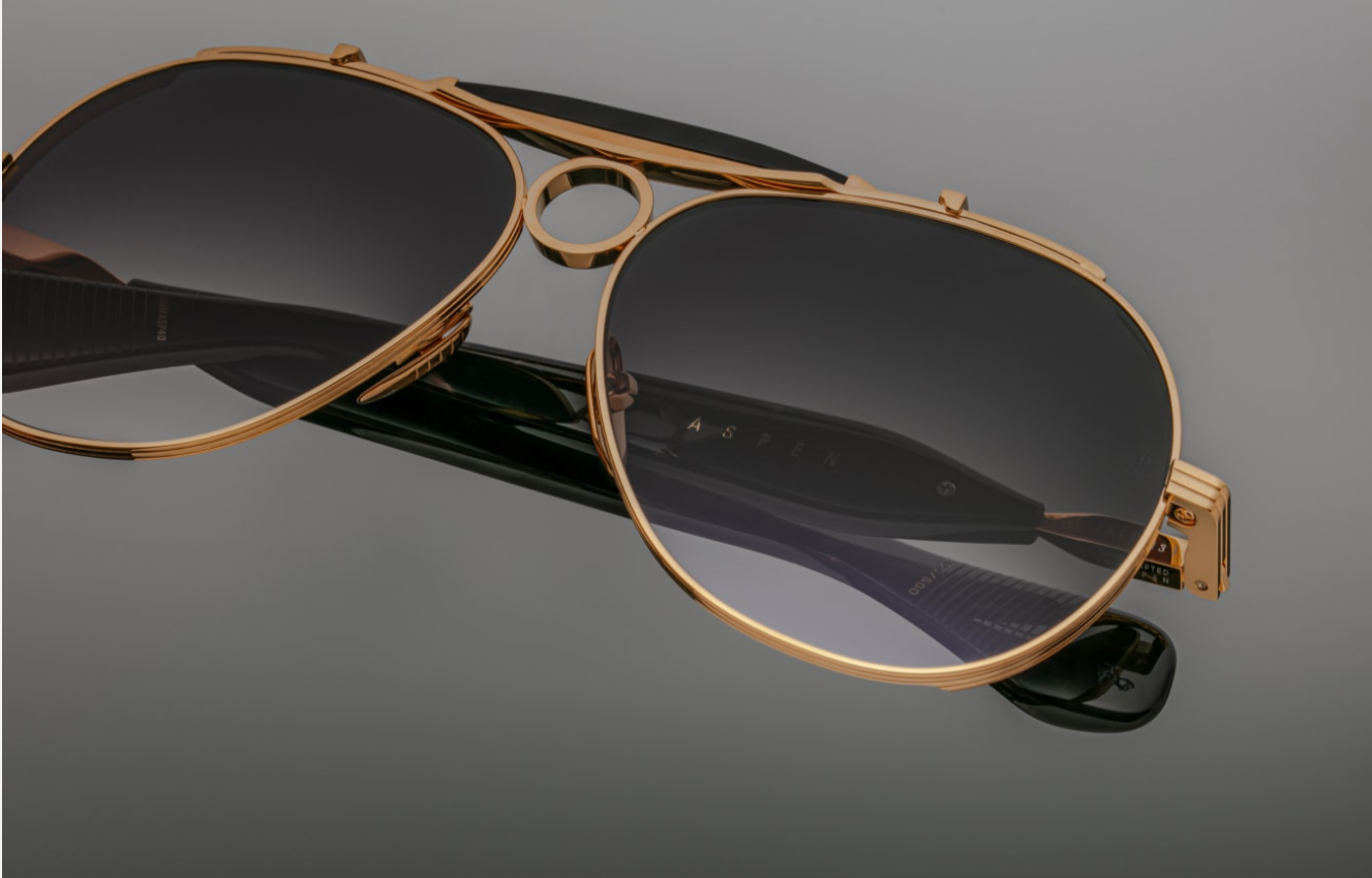 Jacques Marie Mage Aspen Gold/Black temple close-up highlighting luxurious metal-acetate blend and fine detailing