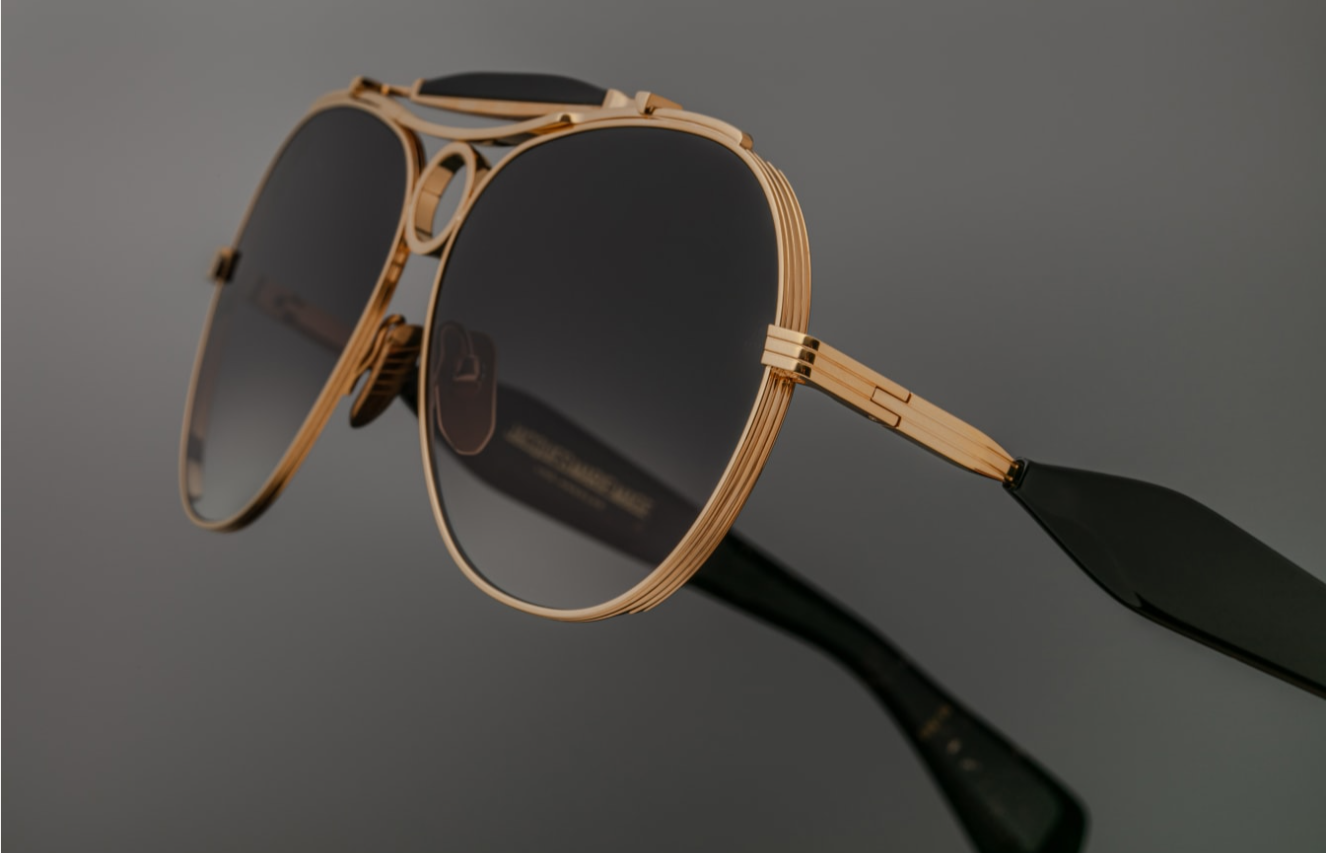 Jacques Marie Mage Aspen Gold/Black temple close-up highlighting luxurious metal-acetate blend and fine detailing