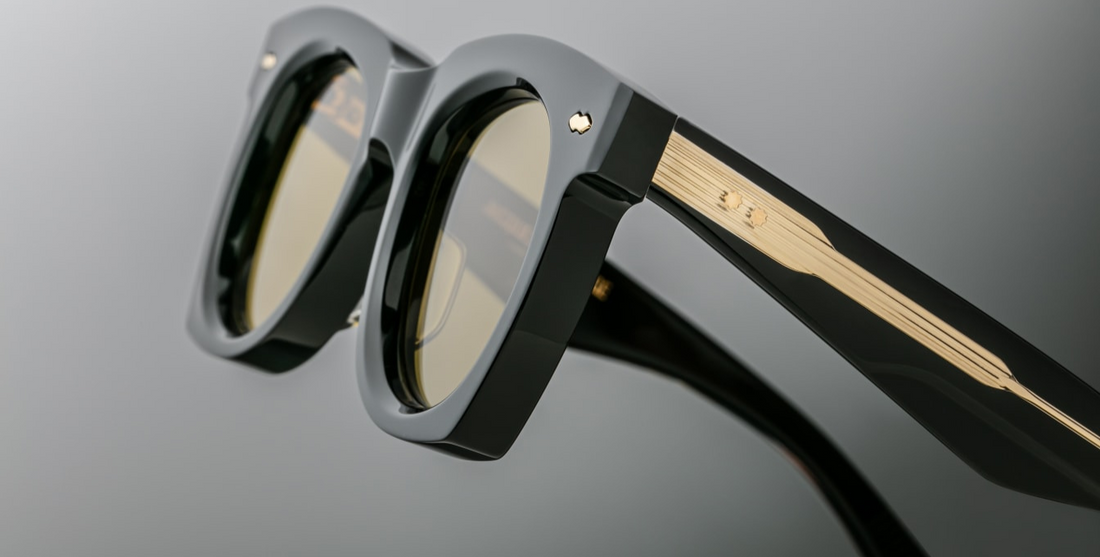 Sleek '50s inspired glasses with graceful lines, signature double-arrowhead front pins, and custom double-laminated temples with refined 'Lever' wire core. Limited edition of 500 pieces. Handcrafted in Japan. Size 45/24. 