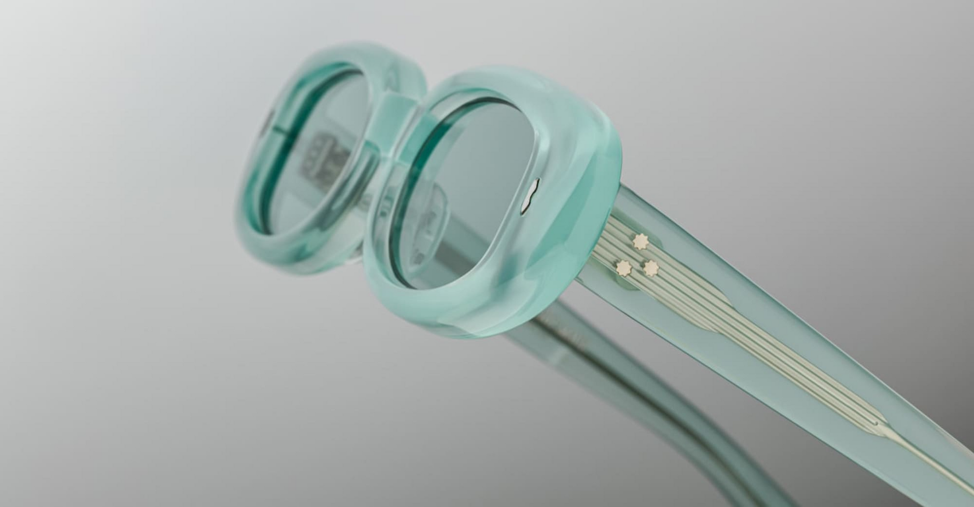 Side close-up of Jacques Marie Mage Besset Piscine temple showcasing custom double‑laminated acetate, exposed silver wirecore with hairline engraving, and precision-engineered silver tension-secured 7‑barrel hinge.