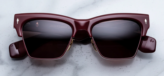 Front view of Jacques Marie Mage Bugsy Bordeaux Empire sunglasses. Displays a premium semi-rimless mid-century combo frame with a bold 10mm deep wine-red acetate brow line, polished silver palladium titanium eye rims with Bordeaux epoxy details, and solid deep brown lenses.