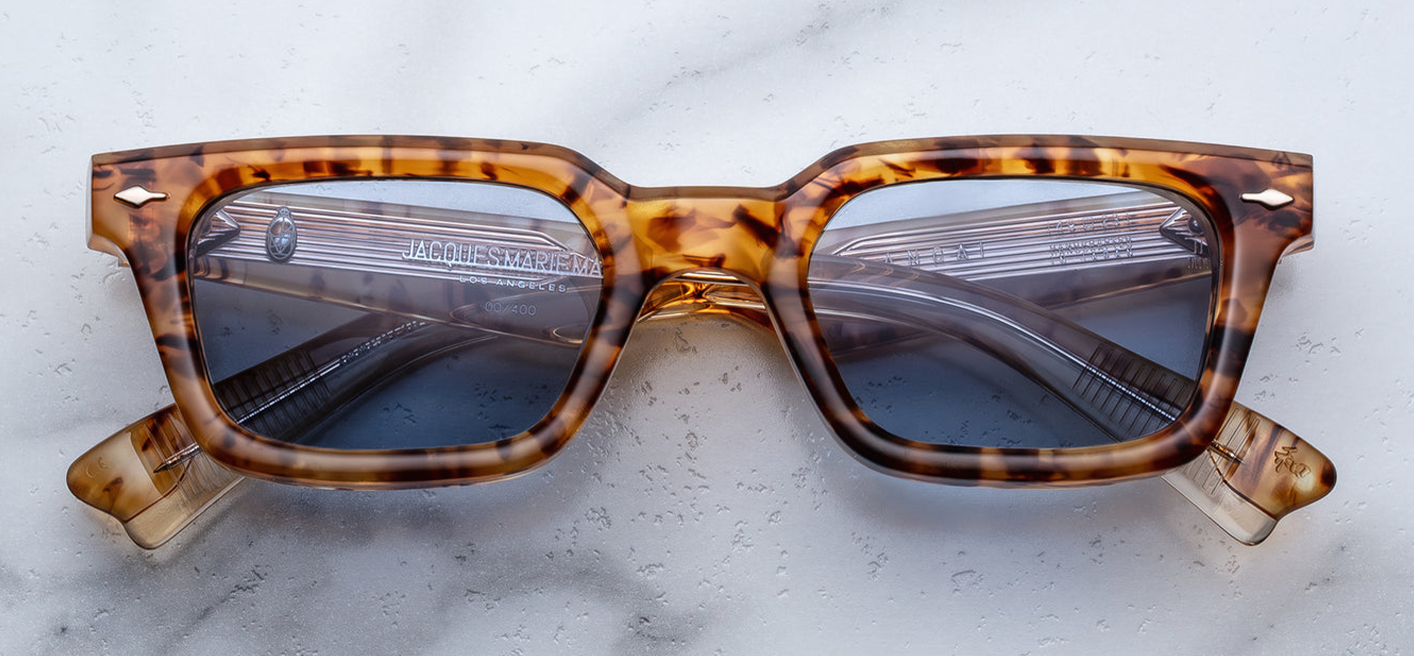 Front view of Jacques Marie Mage Casablanca sunglasses in Cairo, featuring a bold square brown acetate frame with warm earthy tones, available at WINK Optometrists.