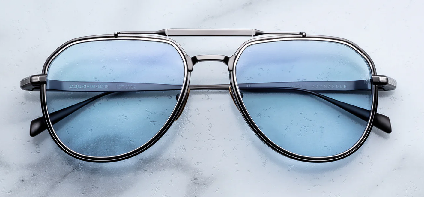 Jacques Marie Mage Commander Antique Silver sunglasses front view, oversized aviator frame in brushed antique silver titanium with dual bridge design
Front view of JMM Commander Antique Silver aviators, 70s-inspired pilot silhouette with silver lens rim inserts and sculpted metal frame