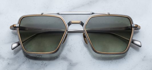 Front view of Jacques Marie Mage Commodore sunglasses in Silver featuring a rectangular beta-titanium frame with double bridge and gradient lenses.