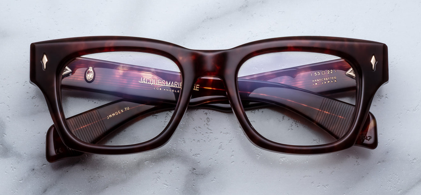 Front view of Jacques Marie Mage Dealan 53 Breccia optical glasses with rich brown 10 mm cured cellulose acetate frame and custom double laminated acetate temples, subtle cat-eye rectangular shape, light gold arrowhead front pin and precision silver hardware — available at WINK Optometrists Australia