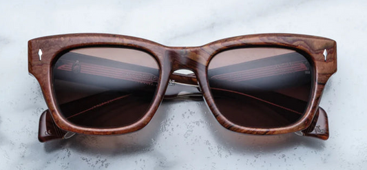 Front view of Jacques Marie Mage Dealan sunglasses in burlwood with tinted lenses, luxury handcrafted acetate frame — available at WINK Optometrists Australia