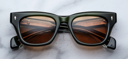 Jacques Marie Mage Dealan 50 Borneo sunglasses front view, dark green acetate frame with orange CR39 lenses and bold 1960s inspired square silhouette