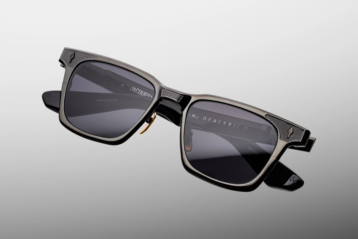 Macro detail of 100% beta titanium frame front on Jacques Marie Mage Dealan Ti handcrafted glasses.