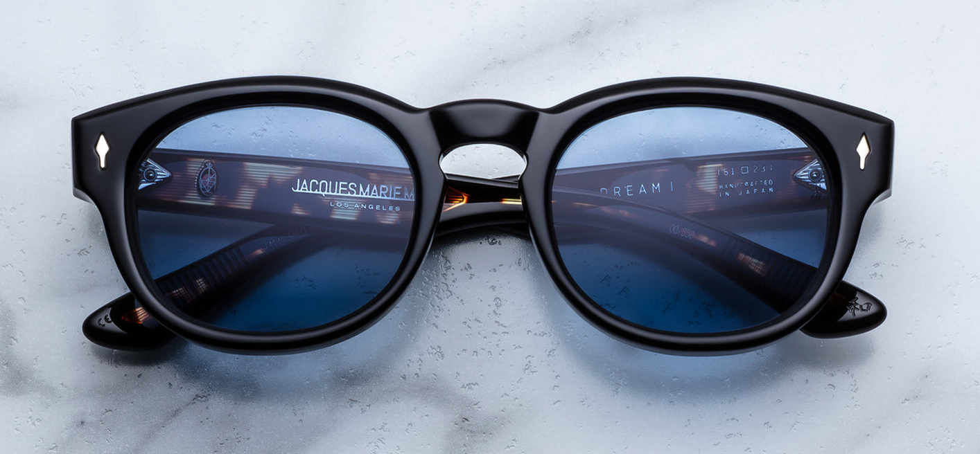 Jacques Marie Mage Dr. Dream Noir — classic mid-century John & Yoko design in polished black acetate with sterling silver arrowhead front pins, as seen on WINK