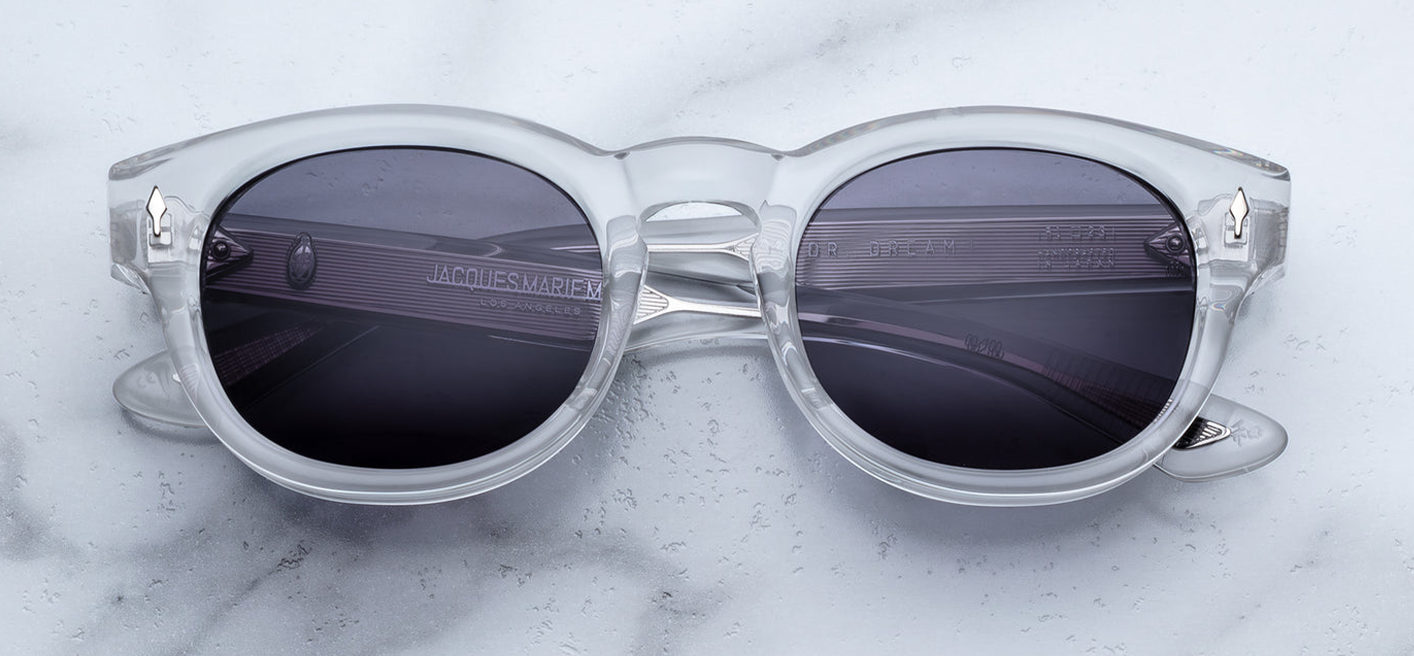 JMM Dr. Dream Sulfur — John & Yoko-inspired mid‑century frame in soft yellow-sulfur acetate, with sterling silver arrowhead front pins and keyhole bridge