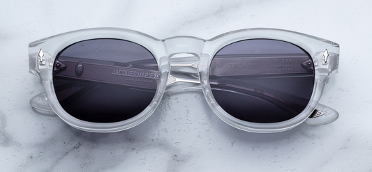 JMM Dr. Dream Sulfur — John & Yoko-inspired mid‑century frame in soft yellow-sulfur acetate, with sterling silver arrowhead front pins and keyhole bridge