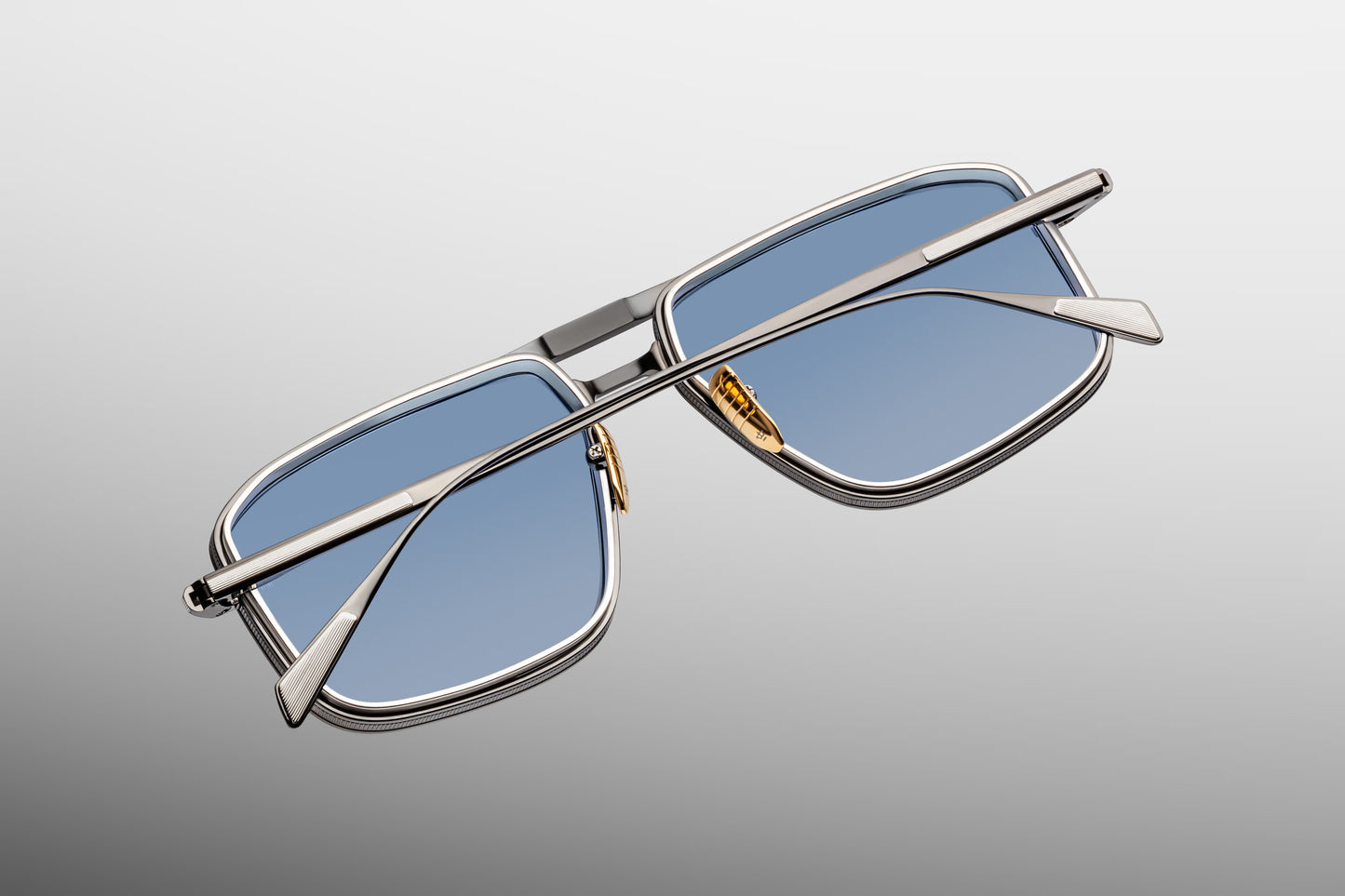 Jacques Marie Mage Earl Antique Silver sunglasses rear view highlighting sculpted titanium frame, inner temple engraving and limited edition craftsmanship
