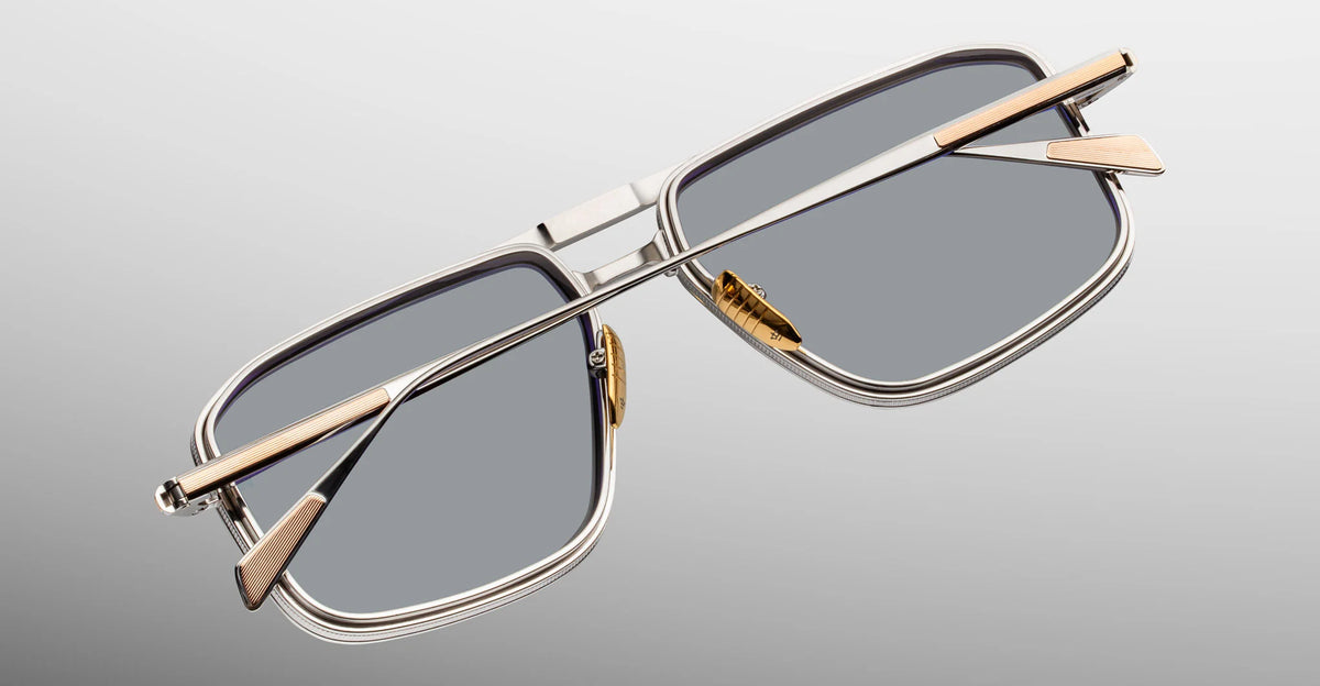 Side view of Jacques Marie Mage Earl sunglasses, showcasing the detailed rose gold beta titanium temples, engraved custom hairline filigree, and signature wing tips.