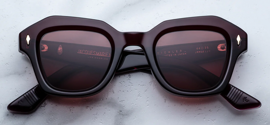 Jacques Marie Mage Eichler Amarena sunglasses front view, geometric small-fit frame in deep cherry red acetate with 60s-inspired silhouette
Front view of JMM Eichler Amarena eyeglasses, sculptural rectangular frame in burgundy acetate with arrowhead rivets