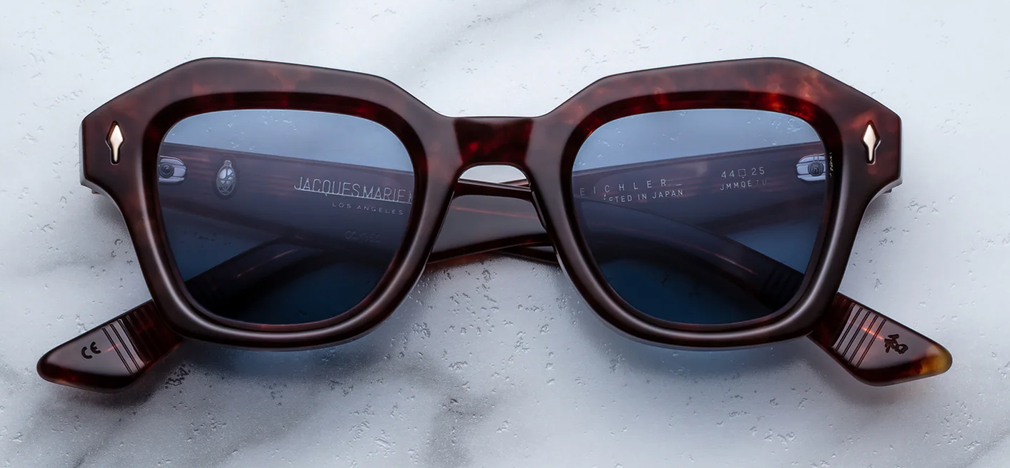 Jacques Marie Mage Eichler Breccia sunglasses front view, geometric small-fit frame in brown havana acetate with sculptural 60s silhouette
Front view of JMM Eichler Breccia eyeglasses, architectural rectangular frame in warm brown acetate with gold arrowhead rivets