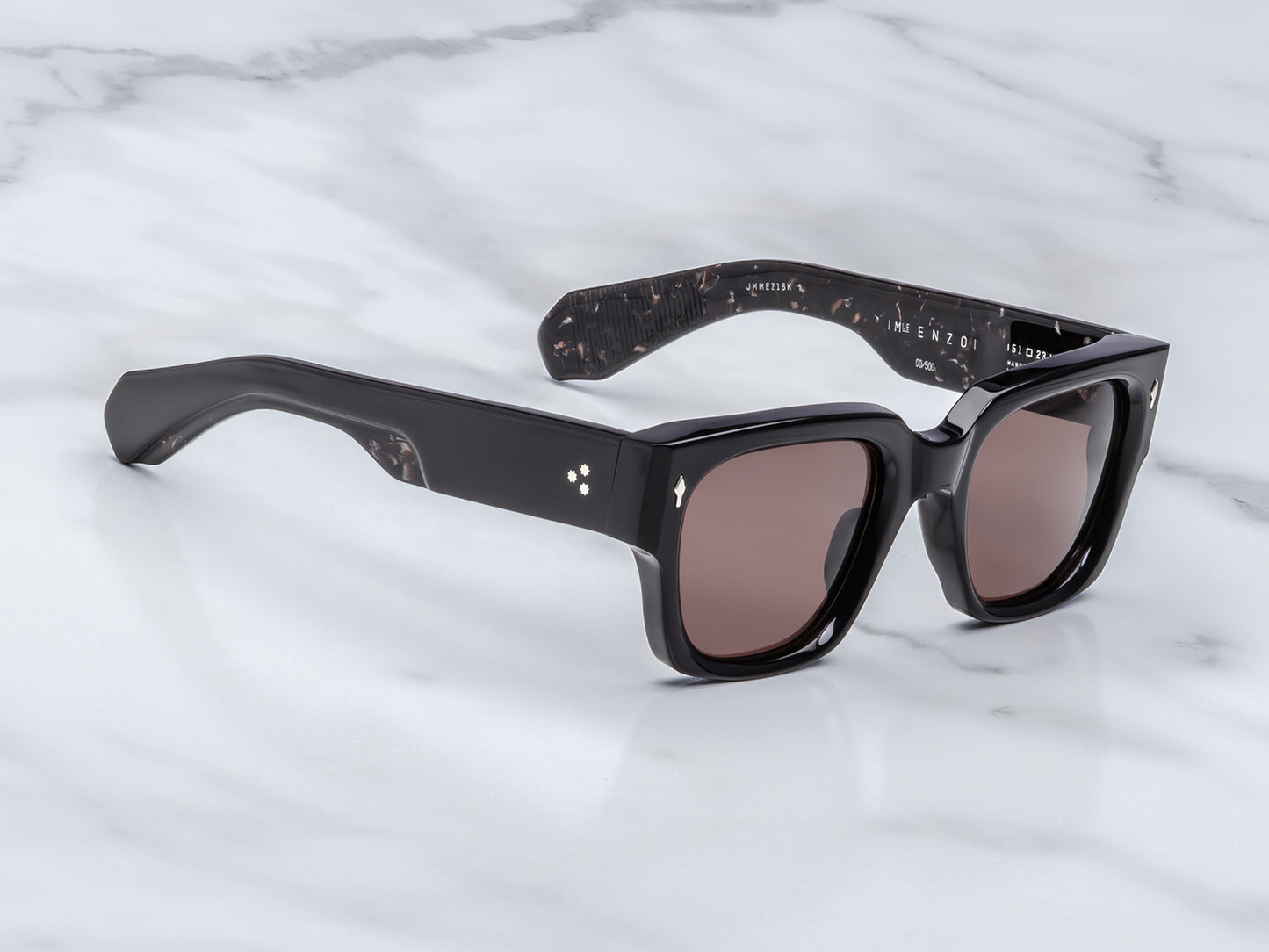 Side view of Jacques Marie Mage Enzo (Willow) sunglasses — black acetate temple showing custom double‑laminated finish, silver hardware and hidden wire‑core detail
