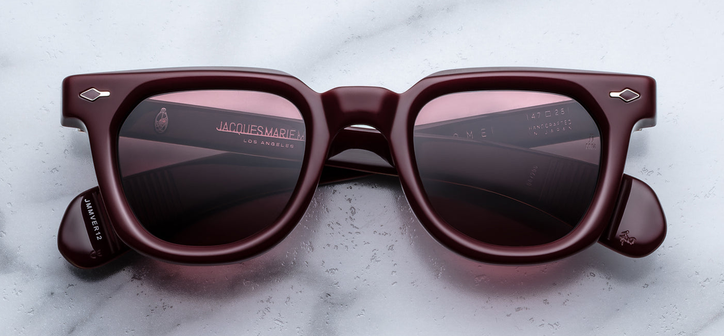 JMM Vendome Epoxy II Cassis — Wellington-style frame in deep bordeaux-cassis lacquered acetate with sterling silver arrowhead front pins filled with cassis epoxy