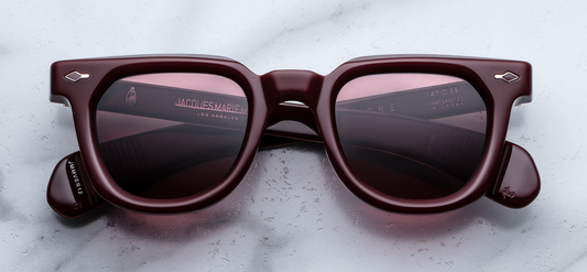 JMM Vendome Epoxy II Cassis — Wellington-style frame in deep bordeaux-cassis lacquered acetate with sterling silver arrowhead front pins filled with cassis epoxy